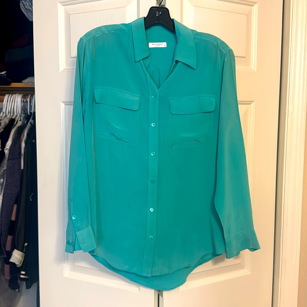 EQUIPMENT Teal Colored Button Down Collared Blouse with two Front Pockets